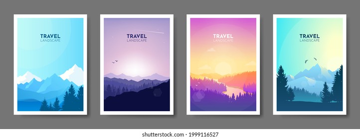 Abstract landscape set, Vector banners set with polygonal landscape illustration, Minimalist style, Flat design, Travel concept of discovering, exploring, observing nature. Hiking. Adventure tourism.