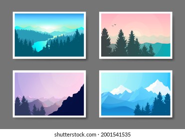 Abstract landscape set, Vector banners set with polygonal landscape illustration, Minimalist style, Flat design, Travel concept of discovering, exploring, observing nature. Hiking. Adventure tourism.