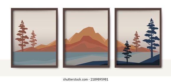 Conjunto de paisajes abstractos, Banderas vectoriales montadas con ilustración de paisaje poligonal, estilo minimalista