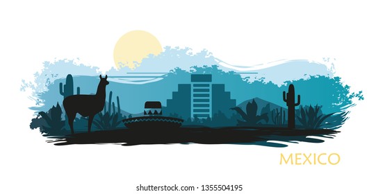 Abstract landscape with the sights of Africa at sunset. Vector illustration