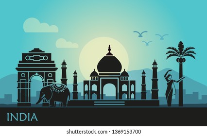 Abstract landscape with sights of India at sunrise