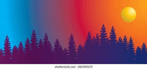 Abstract landscape with silhouette of forest. composition of surreal sunset sunrise colors and textures for subject of landscape painting, imagination, creativity and art