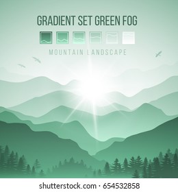 Abstract Landscape with Silhouettes of Misty Mountains and Forest in Green Colors at Sunrise with Birds in the Sky