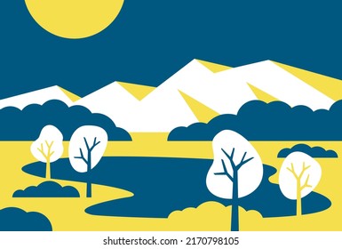 Abstract landscape in simple cartoon style and using 3 colors. Scene with mountain lake surrounded by trees, sunny sky