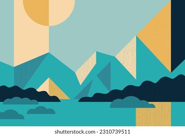 Abstract landscape in simple geometric style. Scene with mountain valley surrounded by trees, and sunny sky