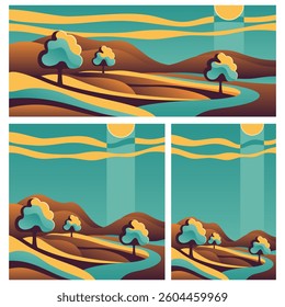 Abstract landscape in simple vector style. Decorative banners in three aspect ratio - wide, square and vertical