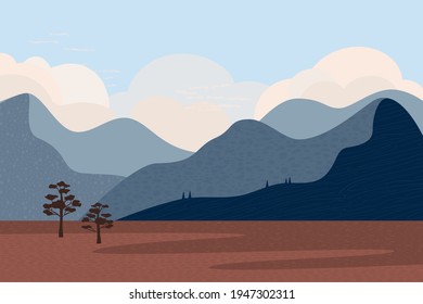Abstract landscape, sky, mountains, river, trees,  style of minimalist , hand drawn, texture elements, panorama, vector. Use for packaging, wallpaper, postcard, concept, clipart.