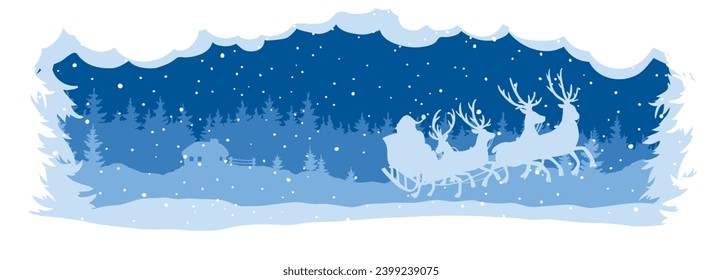 Abstract landscape with a snowy forest and with Santa's reindeer sleigh. Narrow vector illustrations, Christmas wallpaper.	