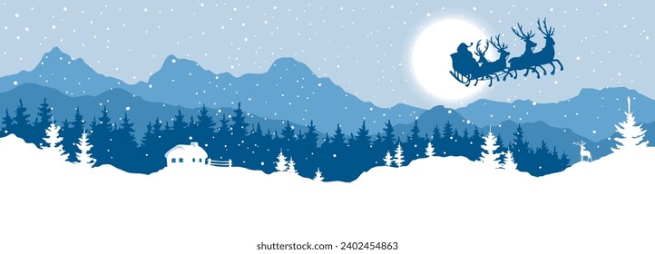 Abstract landscape with a snowy forest and with Santa's reindeer sleigh. Narrow vector illustrations, Christmas wallpaper.