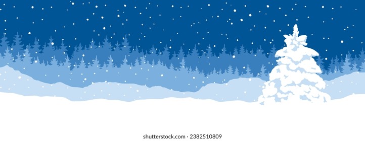 Abstract landscape with a snowy forest and a small christmas tree. Narrow vector illustrations, Christmas wallpaper.	