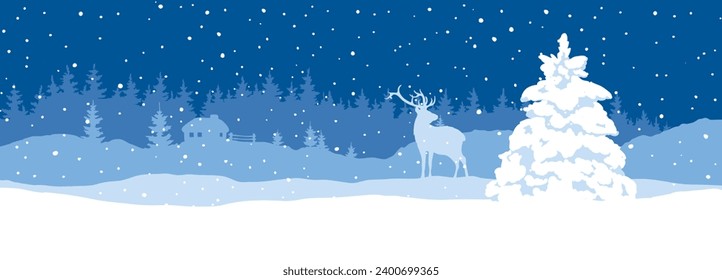 Abstract landscape with a snowy forest, small house and deer. Narrow vector illustrations, Christmas wallpaper.	