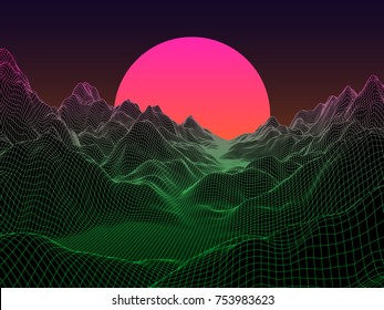 Abstract landscape with sphere sun on horizon. Technology vector background.