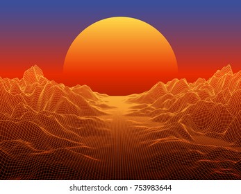 Abstract landscape with sphere sun on horizon. Technology vector background.