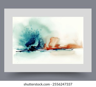 Abstract landscape with splashes above horizons for design of modern trendy housing. Abstract scenery with idyllic environment of objects similar to lake or river with beautiful coastline.