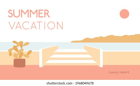 Abstract landscape, stone staircase with sea and mountain views. Cactus flower in pot on the street. Tropical summer simple illustration, minimal poster, print, card design. Vacation text and red sun