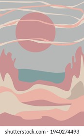Abstract landscape in the style of flat. Rocks, sandy beach, sea.