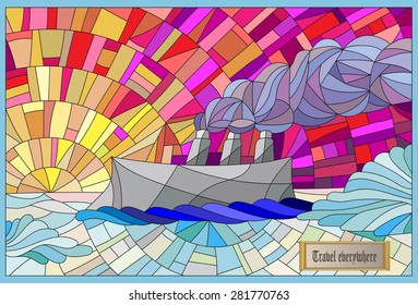 Abstract landscape in the style of stained glass with the steamer on a sky background, ice and sun. Multicolored version