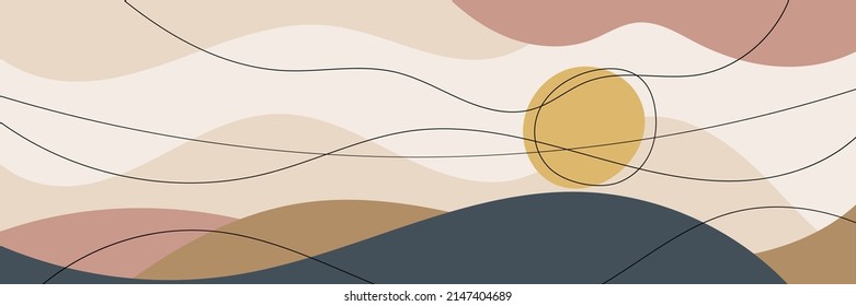 Abstract landscape stylization, hills and sun, vector banner