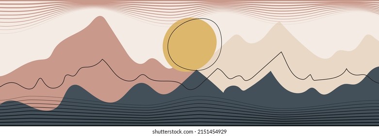 Abstract landscape stylization, hills and sun, vector banner