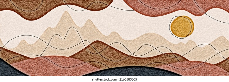 Abstract landscape stylization, mountains and sun, vector banner