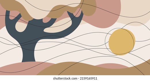 Abstract landscape stylization, tree and sun, vector banner