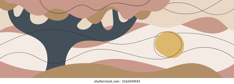 Abstract landscape stylization, tree and sun, vector banner
