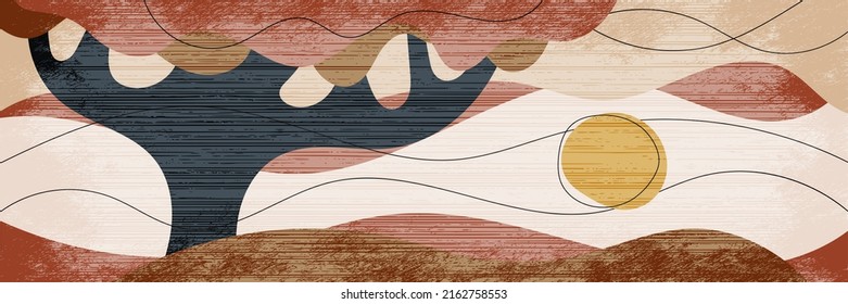 Abstract landscape stylization, tree and sun, vector banner