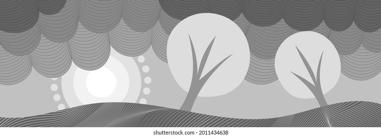 Abstract landscape stylization, vector banner, shades of gray