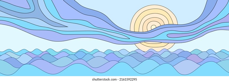 Abstract landscape stylization, waves on the sea, sun and clouds, vector banner