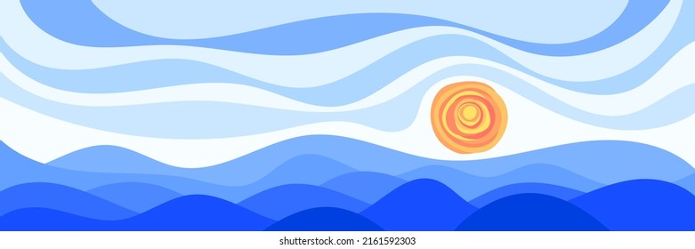 Estilización del paisaje abstracto, olas en el mar, sol y nubes, bandera vectorial