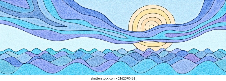 Abstract landscape stylization, waves on the sea, sun and clouds, vector banner