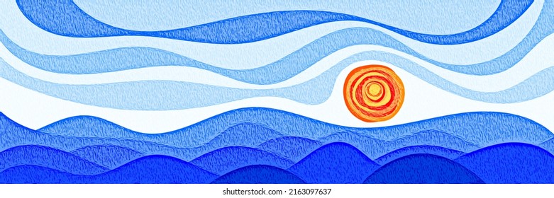 Abstract landscape stylization, waves on the sea, sun and clouds, vector banner