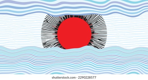 Abstract landscape stylization, waves on the sea, sun and clouds, vector banner