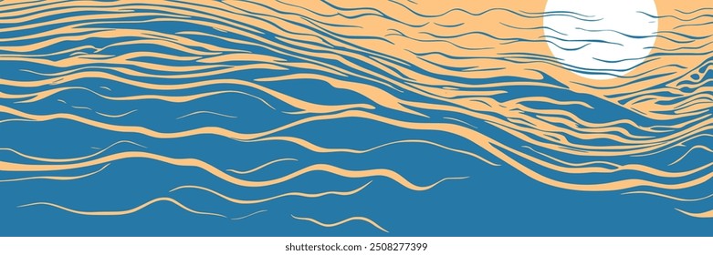 Abstract landscape stylization, waves on the sea and sun, vector banner