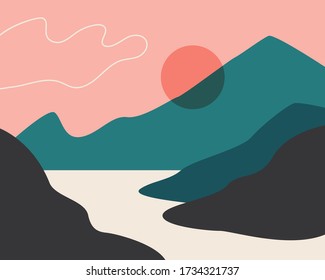 Abstract landscape. Sun, mountains, clouds. Japanese motives. Asian design. Background with space for text, vector illustration, banner, poster