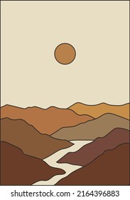 Abstrakte Landschaft mit Sonne und Bergen. Handgezeichnete Vektorgrafik. Boho Wandkunst.