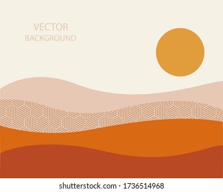 Abstract landscape. Sun, mountains, waves. Japanese style. Fashionable modern colors. Background with space for text. Modern layout. vector illustration, banner, poster, template.