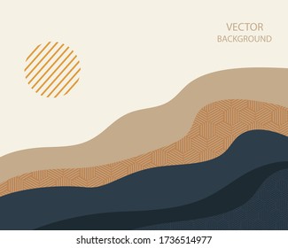 Abstract landscape. Sun, mountains, waves. Japanese style. Fashionable modern colors. Background with space for text. Modern layout. vector illustration, banner, poster, template.