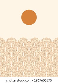 Abstract landscape with sun and ocean. Contemporary  geometric composition. Boho wall decor. Mid century art print.  Bohemian poster.