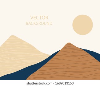 Paisaje abstracto. El sol sobre las montañas, las colinas. Fondo con espacio para texto, ilustración vectorial, banner, afiche
