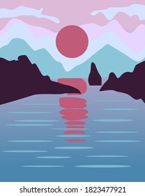 Abstract landscape. Sun, sea, mountains, ocean. Poster contemporary art for print templates. Nature backgrounds for wall art, painting, social media.