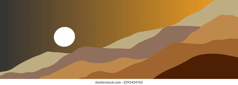 Abstract landscape sun set poster. Nature wall decor contemporary art prints, medieval mountains backdrop. vector