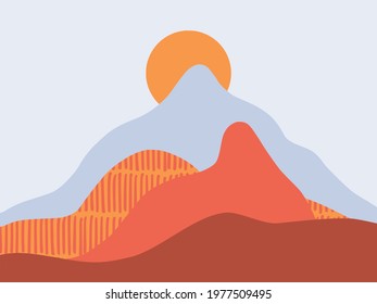 Abstract landscape. The sun is setting behind the mountains. Background with space for text, vector illustration, banner, poster