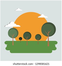 Abstract landscape with sun, trees and clouds. Design by Inkscape.