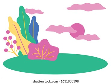 abstract landscape with sun and trees. Modern flat bright vector illustration isolated on white background.