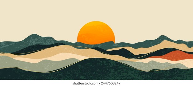 Fondo Abstractas del amanecer del paisaje, colinas, tono de tierra, puesta del sol. Diseño de ilustración de vista de montaña mínima para Anuncio, interior, estampados, decoración del hogar