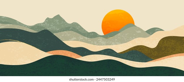 Abstract landscape sunrise background, hills earth tone, sunset. Minimal mountain view illustration design for banner, interior, prints, home decor