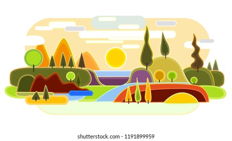 Abstract landscape in sunset. Background with trees, hills and river