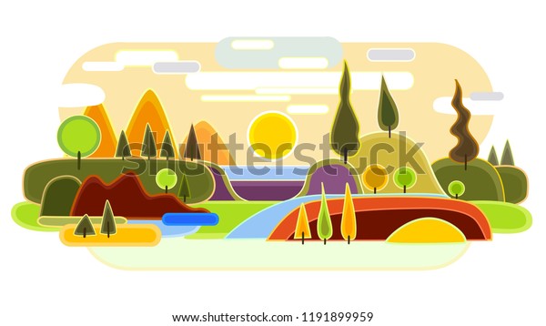 Abstract landscape in sunset. Background with
trees, hills and
river