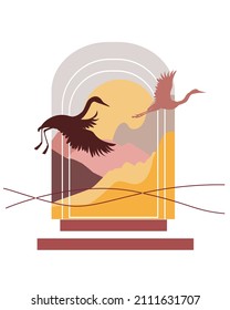 Abstract landscape sunset and flying storks. Vector illustration